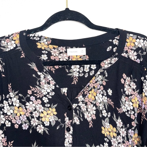 Maurices Black Multicolor Floral Print Fray Hem Tunic Popover Top Medium Women’s - Picture 2 of 10